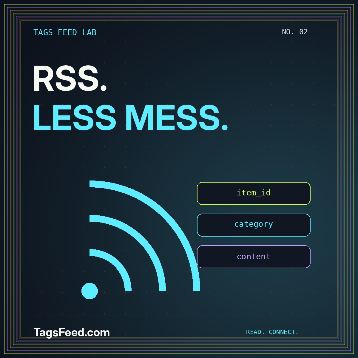 RSS. LESS MESS. — RSS tags feeds: categories, stable IDs, and clean publishing